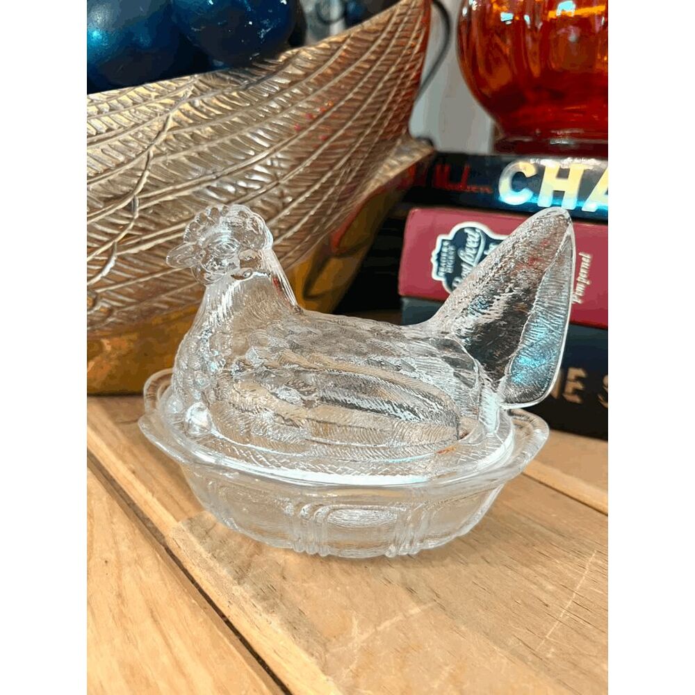 Vintage Fenton Glass Clear Fenton Hen on Nest Covered Dish Chicken Candy Bowl Vi